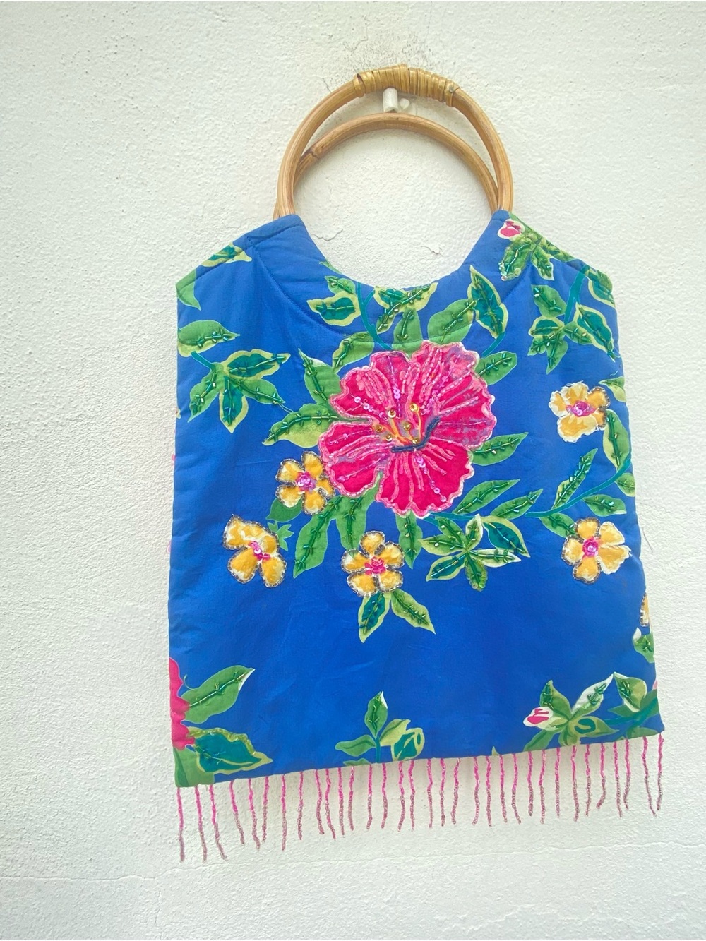 Hawaiian Blue Floral Hibiscus Beaded Fringe Top Handle Purse